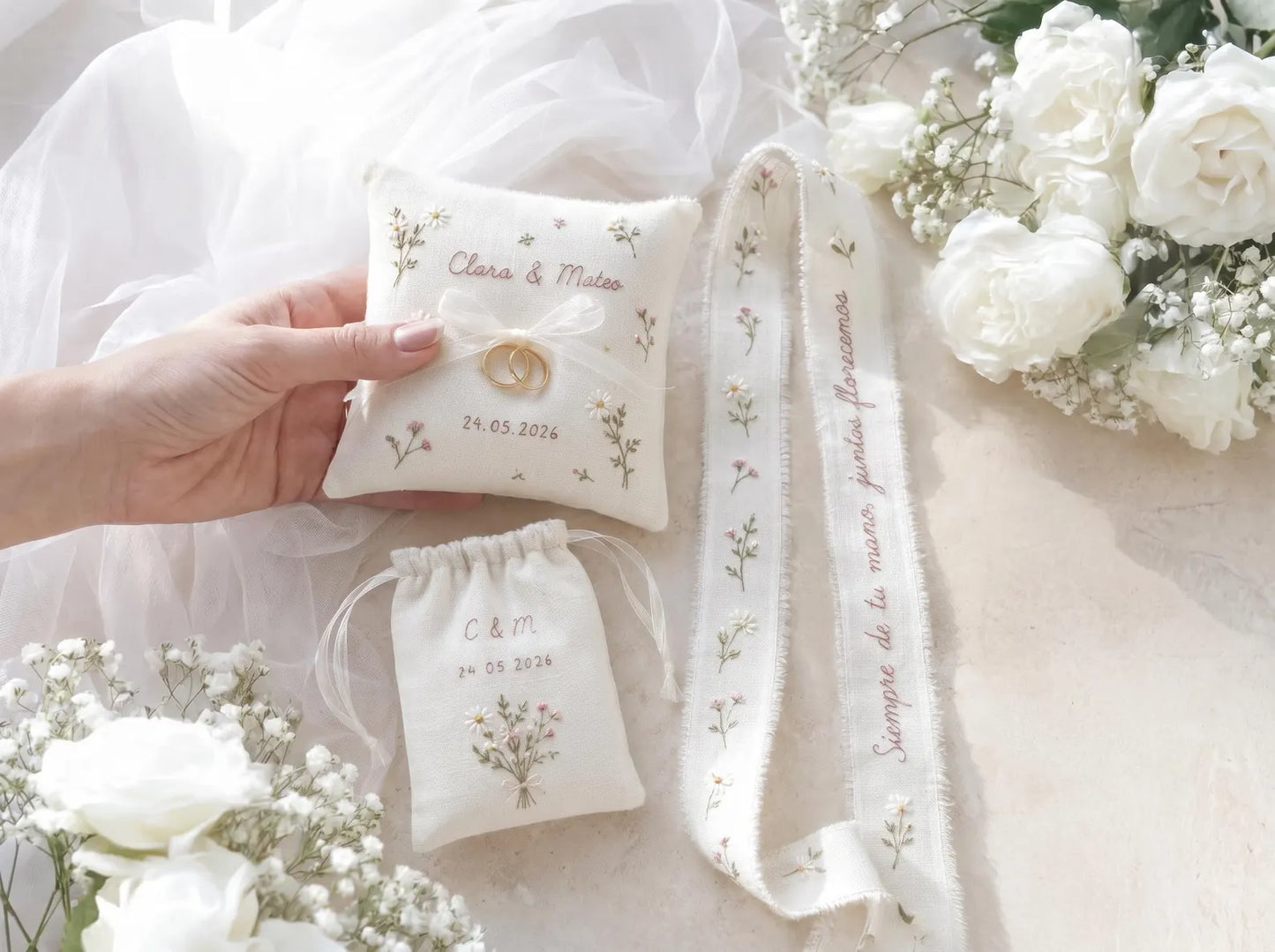 Personalized Wedding Ring Pillow Set, Embroidered Linen Handmade Ring Bearer Pillow, Custom Handfasting Ribbon, Handmade Bridal Pouch Gift