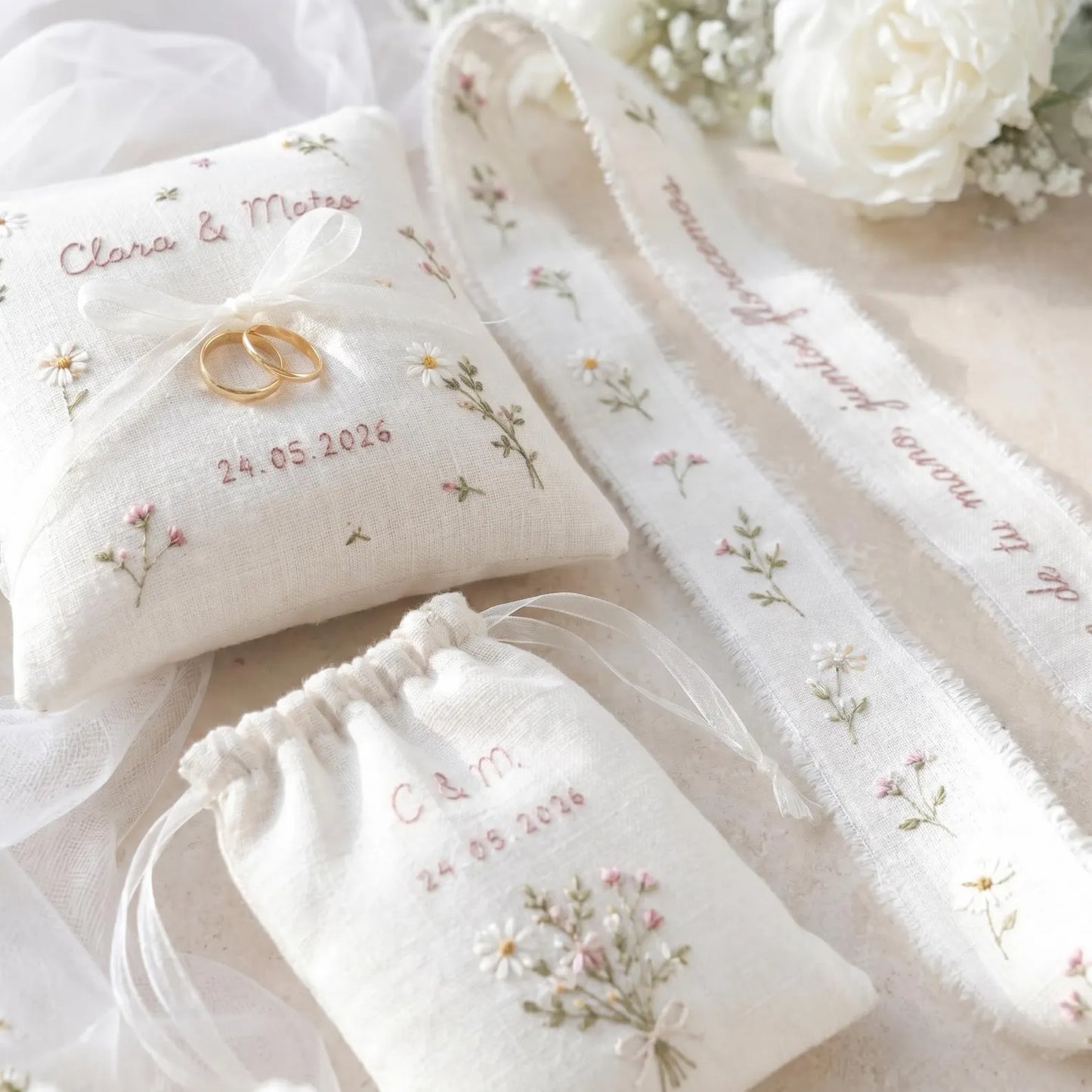 Personalized Wedding Ring Pillow Set, Embroidered Linen Handmade Ring Bearer Pillow, Custom Handfasting Ribbon, Handmade Bridal Pouch Gift
