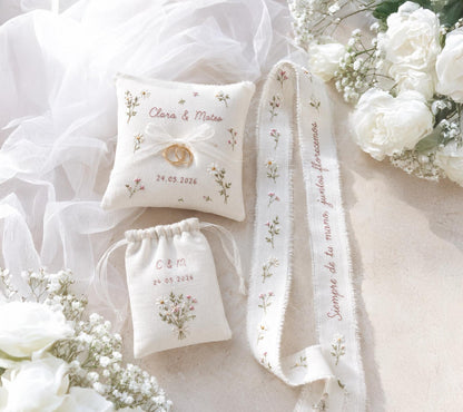 Personalized Wedding Ring Pillow Set, Embroidered Linen Handmade Ring Bearer Pillow, Custom Handfasting Ribbon, Handmade Bridal Pouch Gift