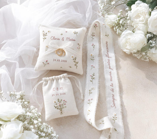 Personalized Wedding Ring Pillow Set, Embroidered Linen Handmade Ring Bearer Pillow, Custom Handfasting Ribbon, Handmade Bridal Pouch Gift