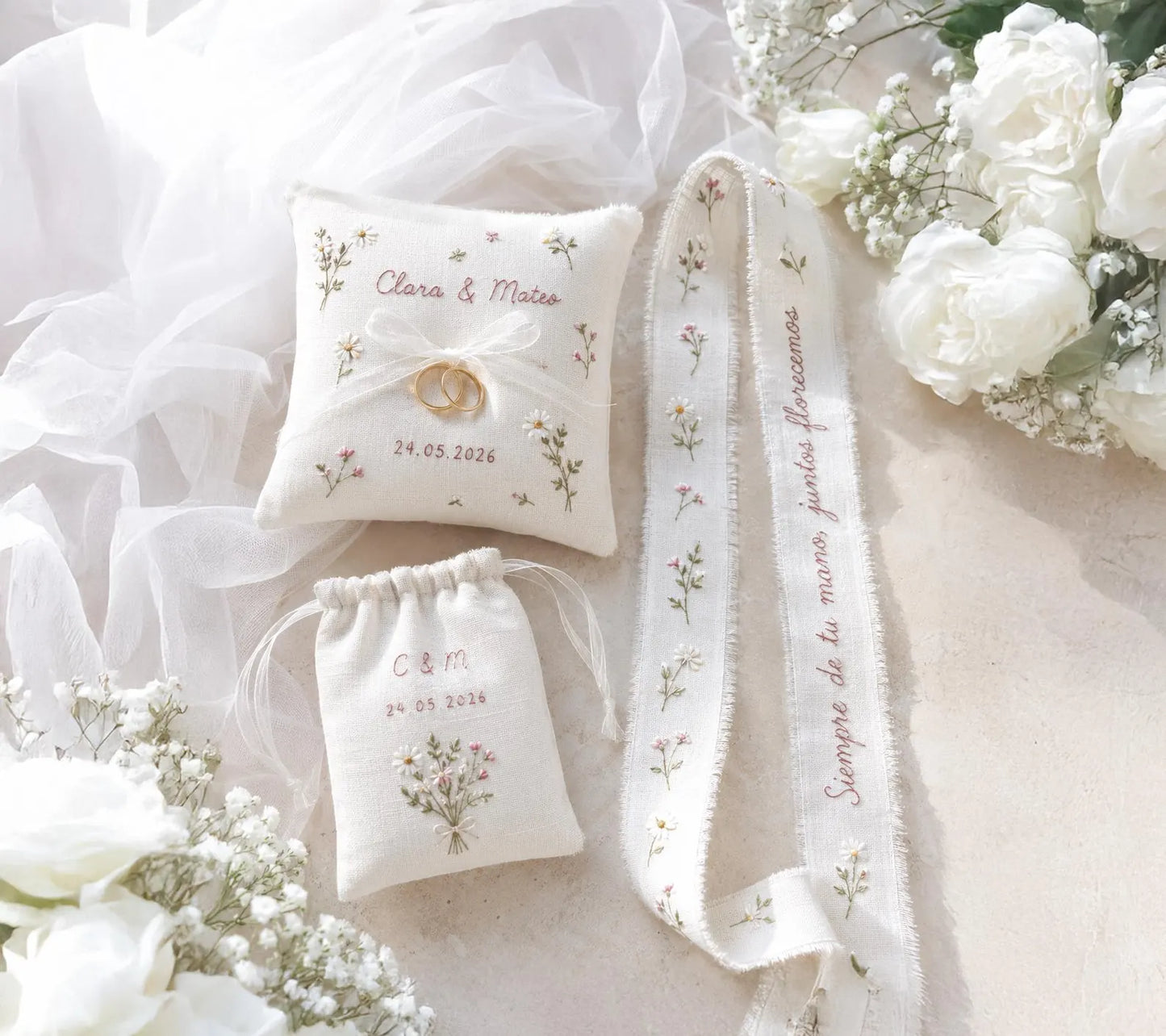 Personalized Wedding Ring Pillow Set, Embroidered Linen Handmade Ring Bearer Pillow, Custom Handfasting Ribbon, Handmade Bridal Pouch Gift