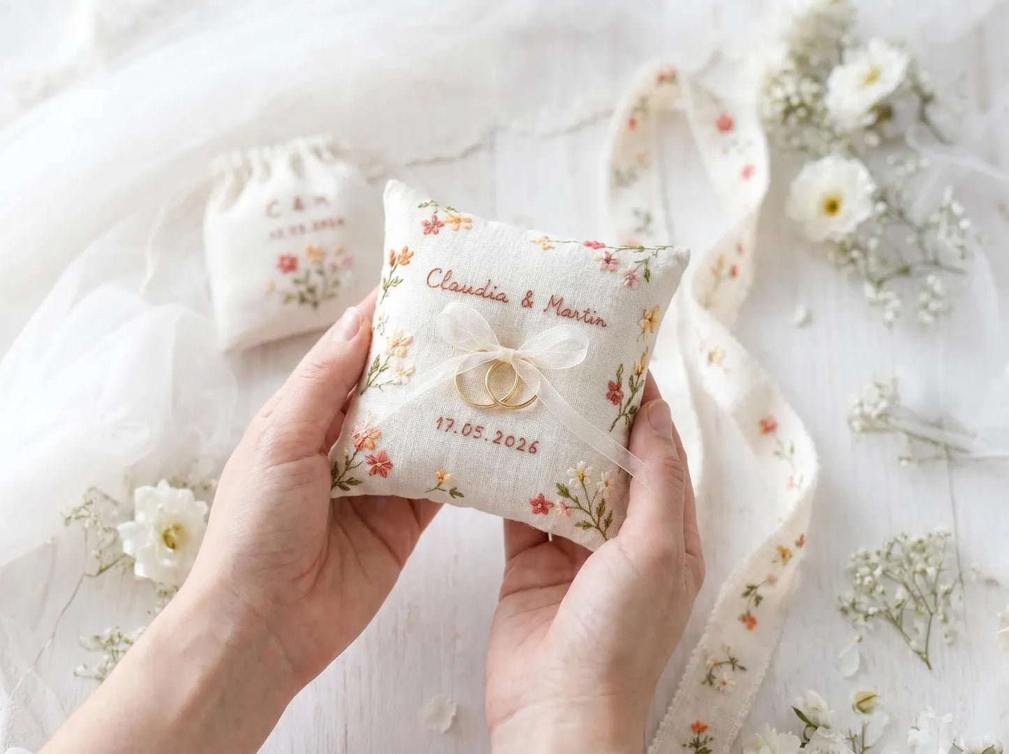 Personalized Wedding Ring Pillow Set, Embroidered Linen Handmade Ring Bearer Pillow, Custom Handfasting Ribbon, Handmade Bridal Pouch Gift