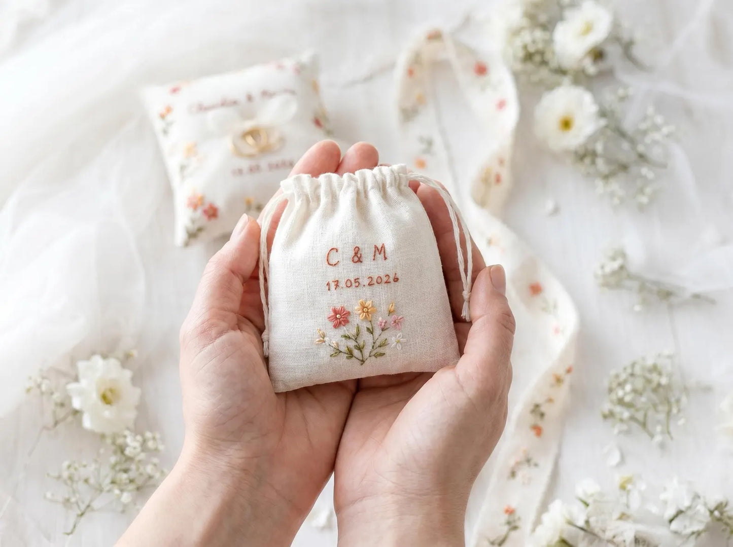 Personalized Wedding Ring Pillow Set, Embroidered Linen Handmade Ring Bearer Pillow, Custom Handfasting Ribbon, Handmade Bridal Pouch Gift