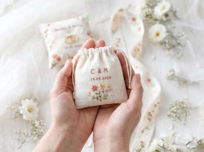 Personalized Wedding Ring Pillow Set, Embroidered Linen Handmade Ring Bearer Pillow, Custom Handfasting Ribbon, Handmade Bridal Pouch Gift