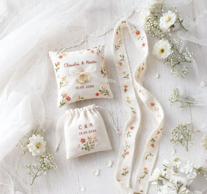Personalized Wedding Ring Pillow Set, Embroidered Linen Handmade Ring Bearer Pillow, Custom Handfasting Ribbon, Handmade Bridal Pouch Gift