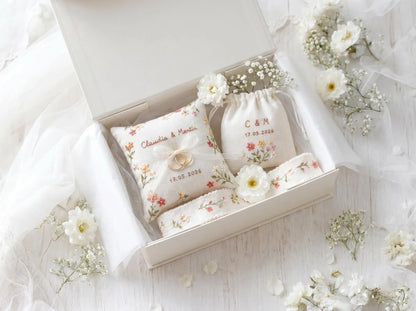 Personalized Wedding Ring Pillow Set, Embroidered Linen Handmade Ring Bearer Pillow, Custom Handfasting Ribbon, Handmade Bridal Pouch Gift