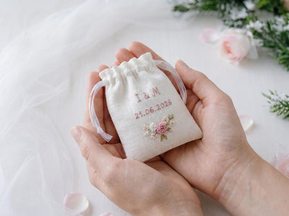 Personalized Wedding Ring Pillow Set, Embroidered Linen Handmade Ring Bearer Pillow, Custom Handfasting Ribbon, Handmade Bridal Pouch Gift