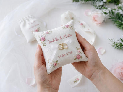Personalized Wedding Ring Pillow Set, Embroidered Linen Handmade Ring Bearer Pillow, Custom Handfasting Ribbon, Handmade Bridal Pouch Gift