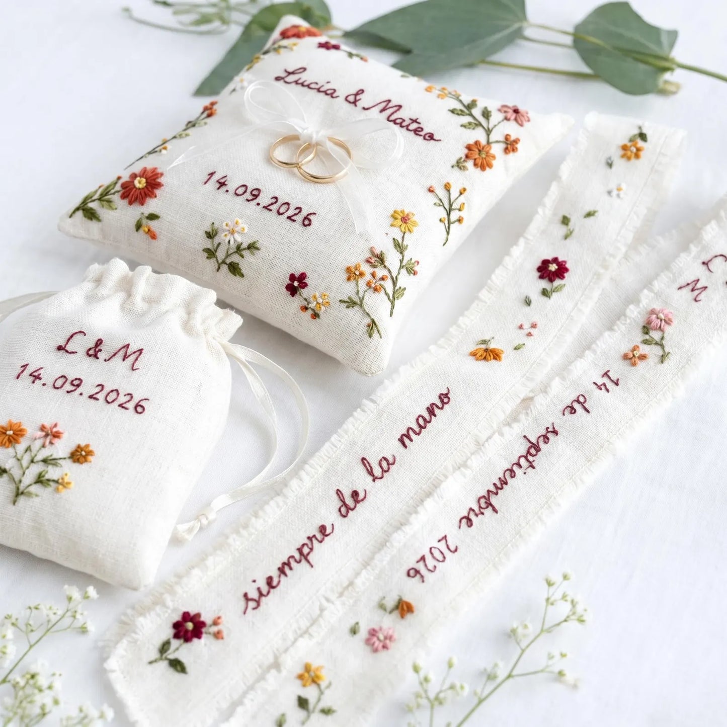 Personalized Wedding Ring Pillow Set, Embroidered Linen Handmade Ring Bearer Pillow, Custom Handfasting Ribbon, Handmade Bridal Pouch Gift