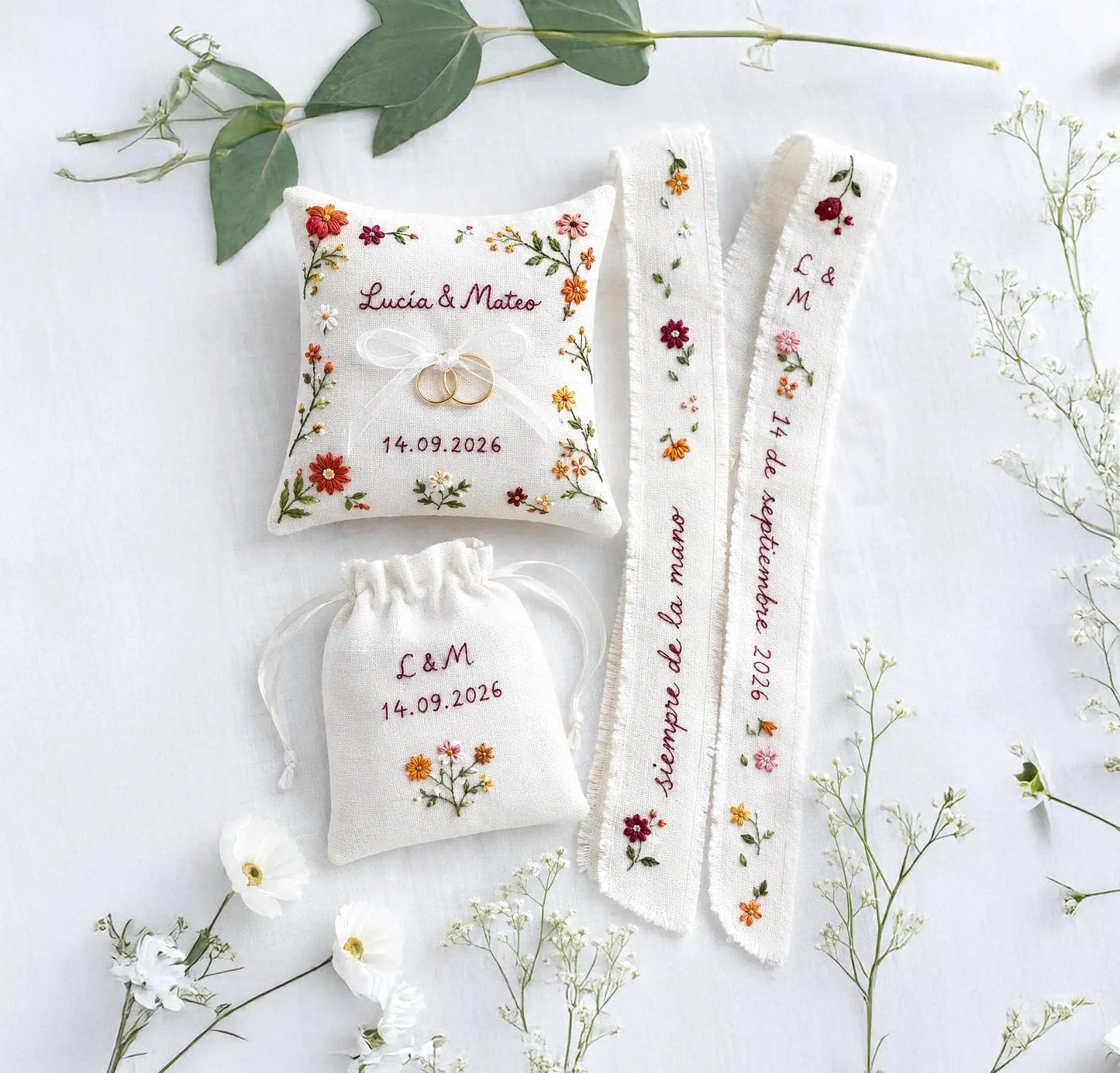 Personalized Wedding Ring Pillow Set, Embroidered Linen Handmade Ring Bearer Pillow, Custom Handfasting Ribbon, Handmade Bridal Pouch Gift