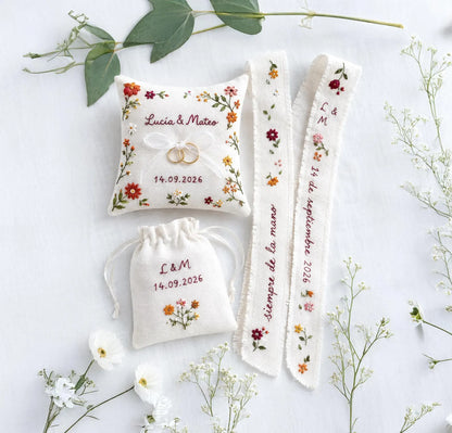 Personalized Wedding Ring Pillow Set, Embroidered Linen Handmade Ring Bearer Pillow, Custom Handfasting Ribbon, Handmade Bridal Pouch Gift