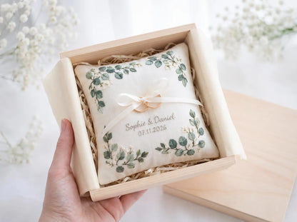 Customized Eucalyptus Ring Bearer Pillow, Handmade Embroidered Linen Wedding Ring Pillow, Botanical Ring Cushion, Custom Wedding Gift