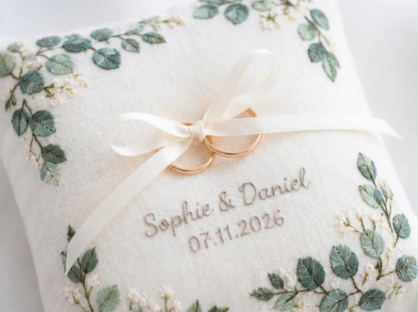 Customized Eucalyptus Ring Bearer Pillow, Handmade Embroidered Linen Wedding Ring Pillow, Botanical Ring Cushion, Custom Wedding Gift