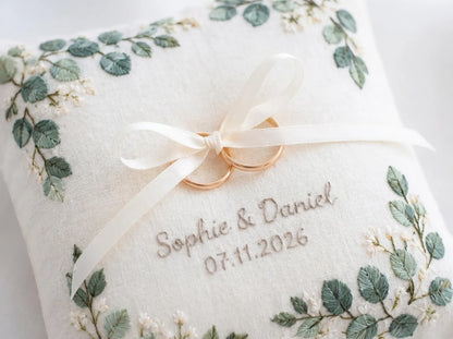Customized Eucalyptus Ring Bearer Pillow, Handmade Embroidered Linen Wedding Ring Pillow, Botanical Ring Cushion, Custom Wedding Gift