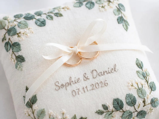 Customized Eucalyptus Ring Bearer Pillow, Handmade Embroidered Linen Wedding Ring Pillow, Botanical Ring Cushion, Custom Wedding Gift