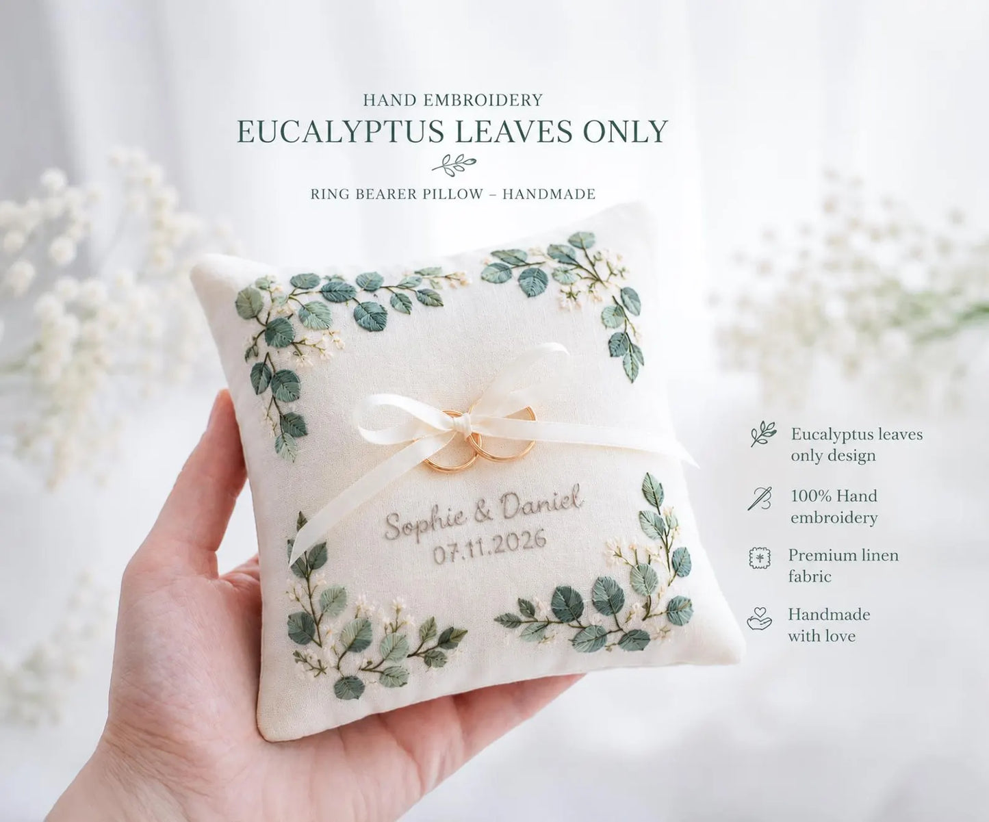 Customized Eucalyptus Ring Bearer Pillow, Handmade Embroidered Linen Wedding Ring Pillow, Botanical Ring Cushion, Custom Wedding Gift