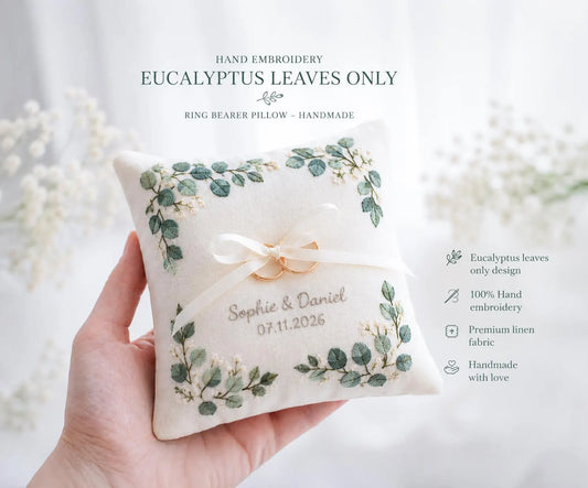 Customized Eucalyptus Ring Bearer Pillow, Handmade Embroidered Linen Wedding Ring Pillow, Botanical Ring Cushion, Custom Wedding Gift