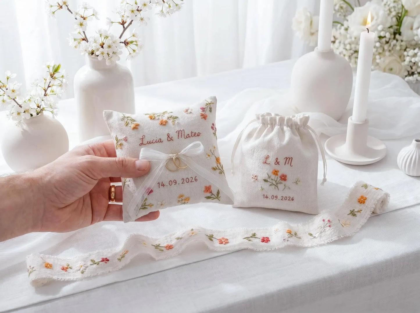 Personalized Wedding Handmade Embroidery Gift Set, Custom Ring Bearer Pillow, Linen Pouch, Ribbon Flower Box, Personalized Handmade Bridal