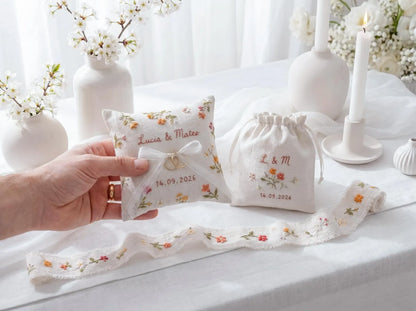 Personalized Wedding Handmade Embroidery Gift Set, Custom Ring Bearer Pillow, Linen Pouch, Ribbon Flower Box, Personalized Handmade Bridal