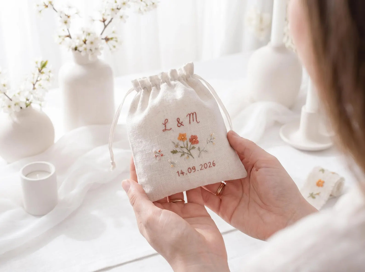 Personalized Wedding Handmade Embroidery Gift Set, Custom Ring Bearer Pillow, Linen Pouch, Ribbon Flower Box, Personalized Handmade Bridal