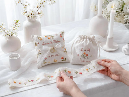 Personalized Wedding Handmade Embroidery Gift Set, Custom Ring Bearer Pillow, Linen Pouch, Ribbon Flower Box, Personalized Handmade Bridal