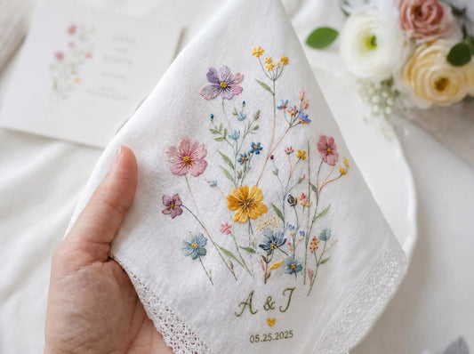 Embroidered Floral Posy Wedding Handkerchief – Custom Floral Hankie for Bride, Bridal Gift, Personalized with Name & Date, Gift for Bride