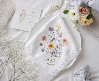 Embroidered Floral Posy Wedding Handkerchief – Custom Floral Hankie for Bride, Bridal Gift, Personalized with Name & Date, Gift for Bride