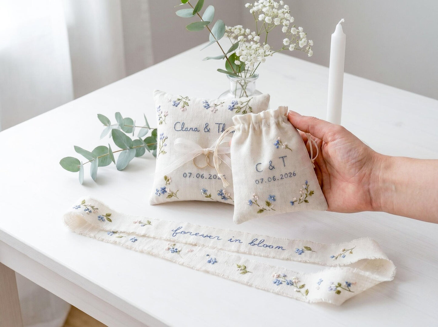 Personalized Wedding Handmade Embroidery Gift Set, Custom Ring Bearer Pillow, Linen Pouch, Ribbon Flower Box, Personalized Handmade Bridal