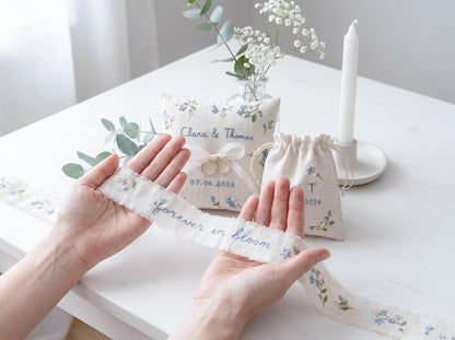 Personalized Wedding Handmade Embroidery Gift Set, Custom Ring Bearer Pillow, Linen Pouch, Ribbon Flower Box, Personalized Handmade Bridal