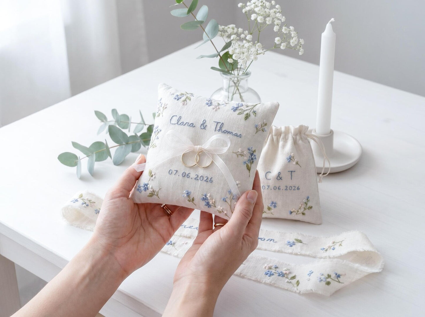 Personalized Wedding Handmade Embroidery Gift Set, Custom Ring Bearer Pillow, Linen Pouch, Ribbon Flower Box, Personalized Handmade Bridal
