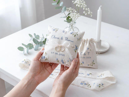 Personalized Wedding Handmade Embroidery Gift Set, Custom Ring Bearer Pillow, Linen Pouch, Ribbon Flower Box, Personalized Handmade Bridal