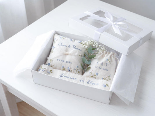 Personalized Wedding Handmade Embroidery Gift Set, Custom Ring Bearer Pillow, Linen Pouch, Ribbon Flower Box, Personalized Handmade Bridal
