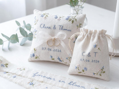 Personalized Wedding Handmade Embroidery Gift Set, Custom Ring Bearer Pillow, Linen Pouch, Ribbon Flower Box, Personalized Handmade Bridal