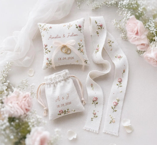 Personalized Wedding Handmade Embroidery Gift Set, Custom Ring Bearer Pillow, Linen Pouch, Ribbon Flower Box, Personalized Handmade Bridal