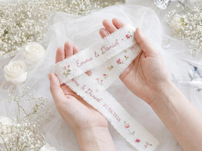 Personalized Wedding Handmade Embroidery Gift Set, Custom Ring Bearer Pillow, Linen Pouch, Ribbon Flower Box, Personalized Handmade Bridal