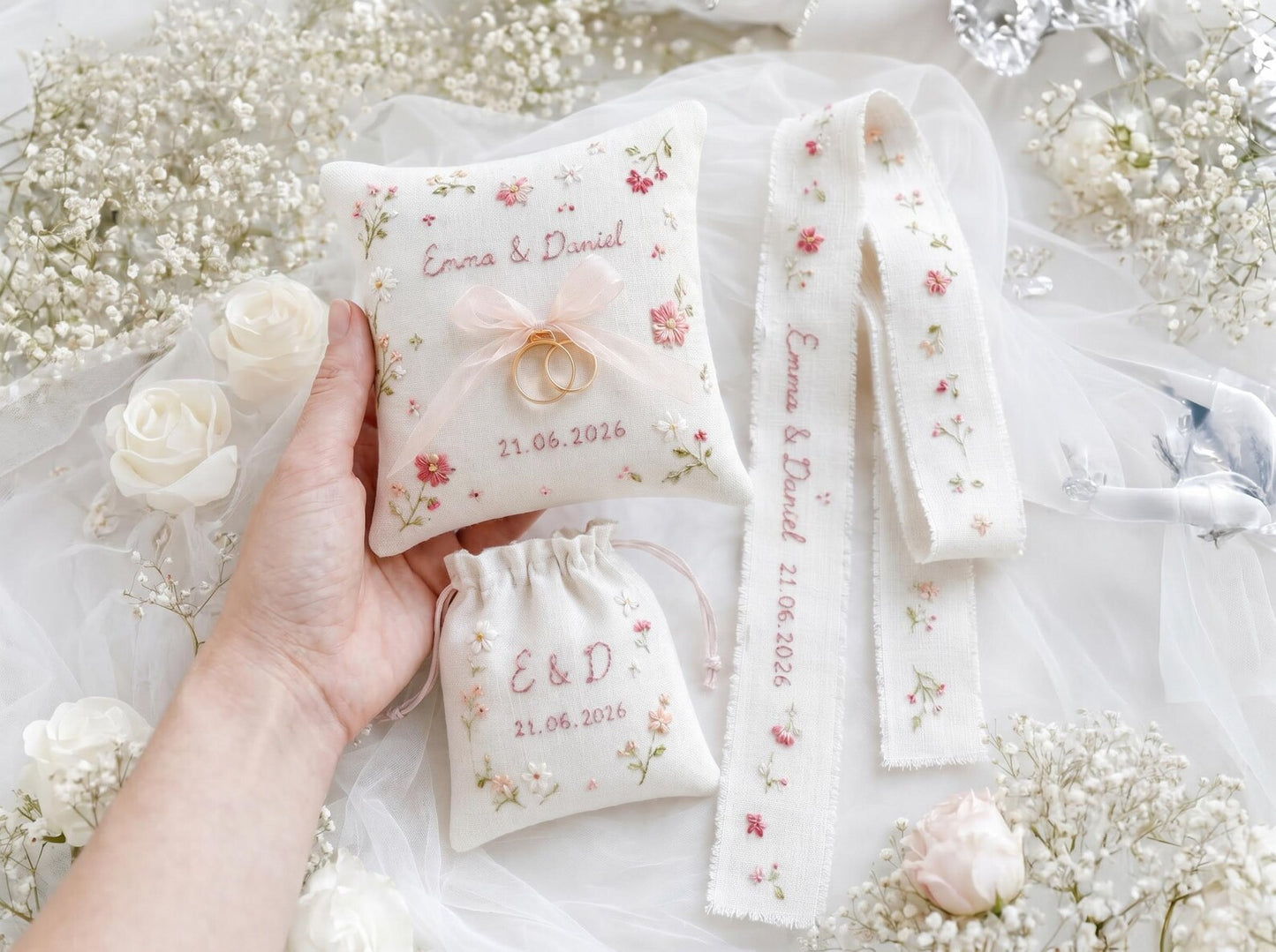 Personalized Wedding Handmade Embroidery Gift Set, Custom Ring Bearer Pillow, Linen Pouch, Ribbon Flower Box, Personalized Handmade Bridal