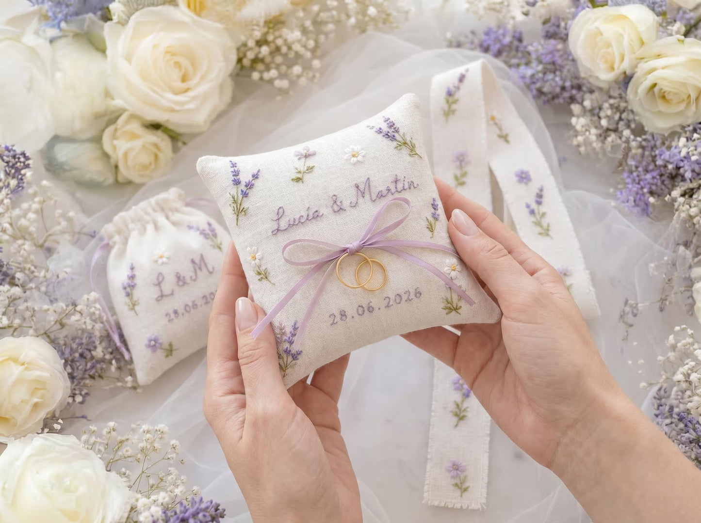 Personalized Wedding Embroidery Set of 3, Ring Bearer Pillow, Wedding Ribbon, Keepsake Pouch, Lavender Floral Bridal Gift for Custom Couples