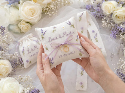 Personalized Wedding Embroidery Set of 3, Ring Bearer Pillow, Wedding Ribbon, Keepsake Pouch, Lavender Floral Bridal Gift for Custom Couples