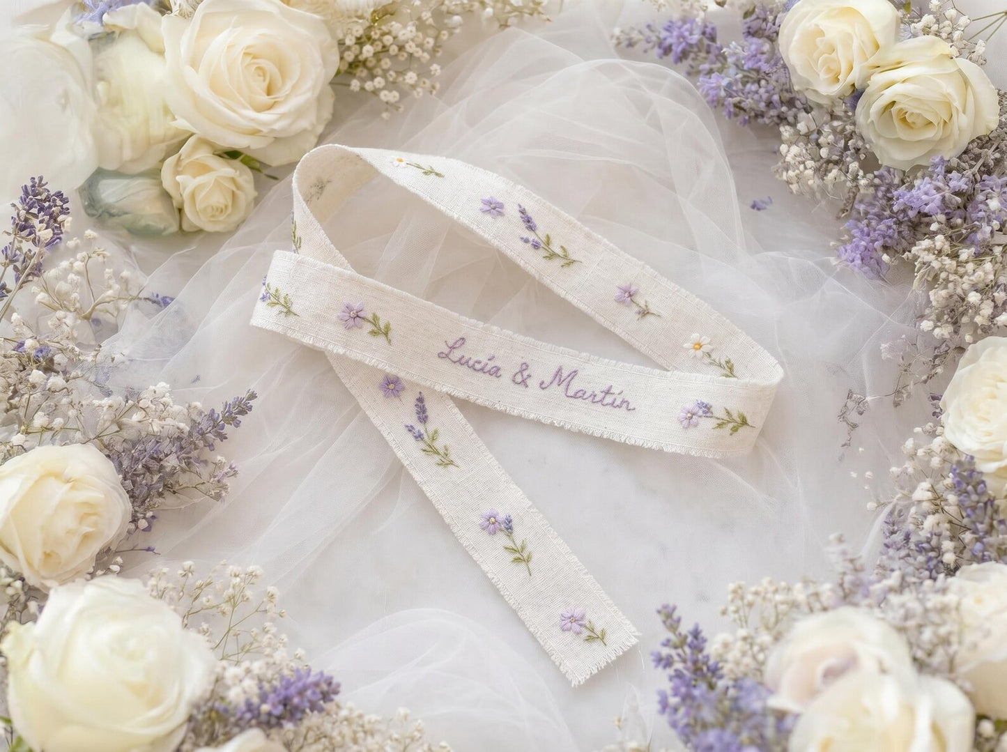 Personalized Wedding Embroidery Set of 3, Ring Bearer Pillow, Wedding Ribbon, Keepsake Pouch, Lavender Floral Bridal Gift for Custom Couples