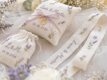 Personalized Wedding Embroidery Set of 3, Ring Bearer Pillow, Wedding Ribbon, Keepsake Pouch, Lavender Floral Bridal Gift for Custom Couples