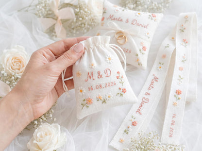 Personalized Wedding Embroidery Set of 3, Ring Bearer Pillow, Wedding Ribbon, Keepsake Pouch, Coral Floral Bridal Gift for Couples With Date
