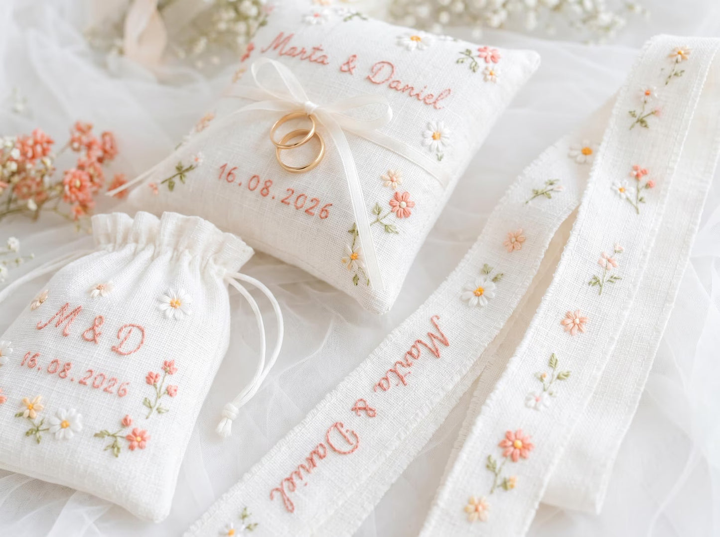 Personalized Wedding Embroidery Set of 3, Ring Bearer Pillow, Wedding Ribbon, Keepsake Pouch, Coral Floral Bridal Gift for Couples With Date