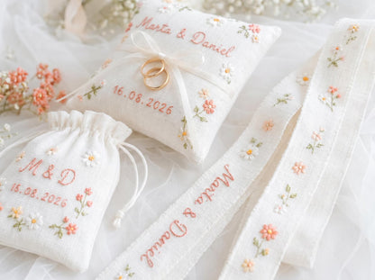 Personalized Wedding Embroidery Set of 3, Ring Bearer Pillow, Wedding Ribbon, Keepsake Pouch, Coral Floral Bridal Gift for Couples With Date