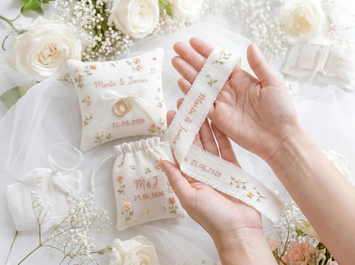 Personalized Wedding Embroidery Set of 3, Ring Bearer Pillow, Wedding Ribbon, Keepsake Pouch, Coral Floral Bridal Gift for Couples With Date