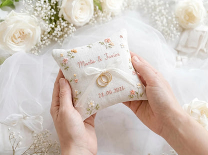 Personalized Wedding Embroidery Set of 3, Ring Bearer Pillow, Wedding Ribbon, Keepsake Pouch, Coral Floral Bridal Gift for Couples With Date
