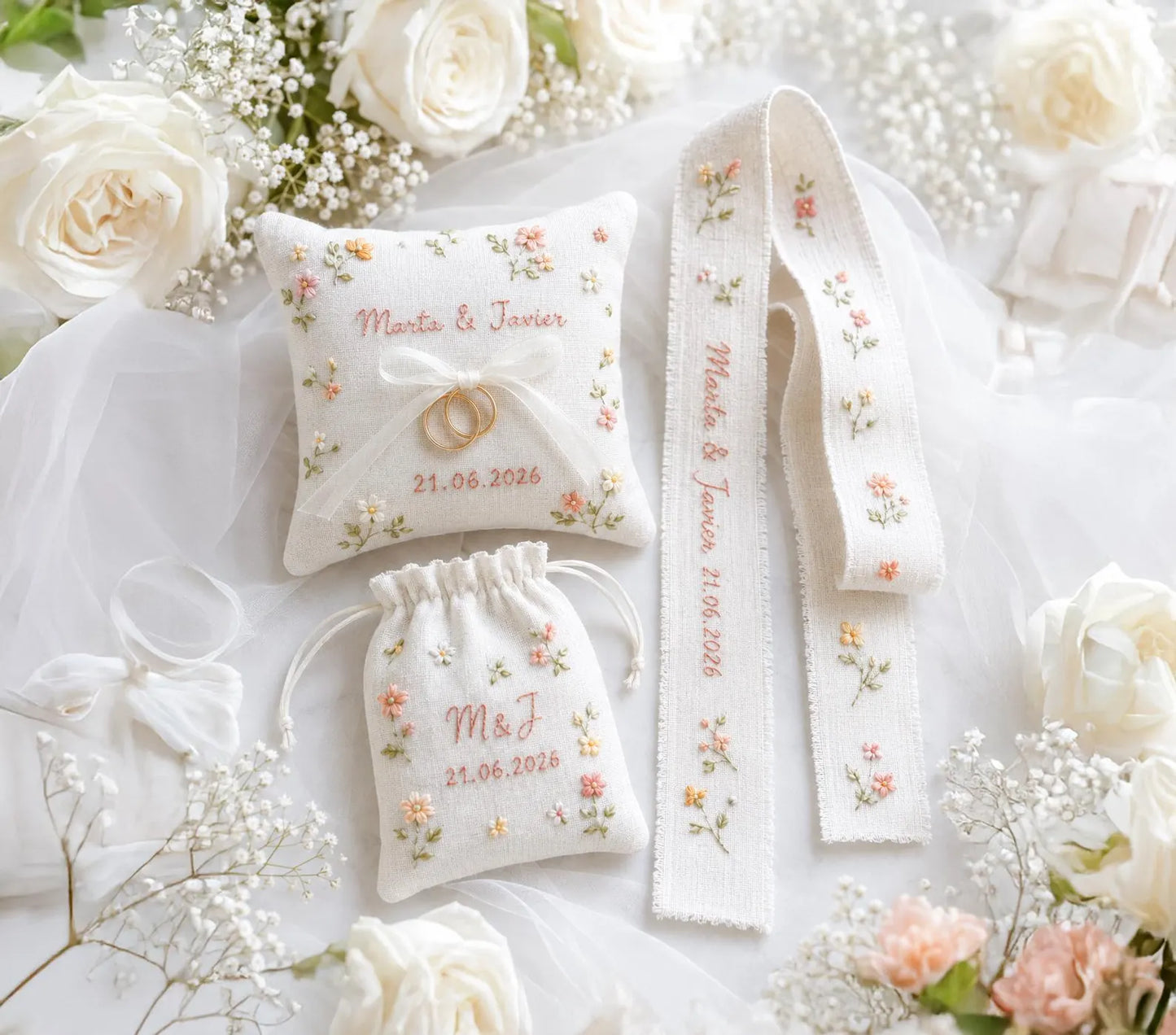 Personalized Wedding Embroidery Set of 3, Ring Bearer Pillow, Wedding Ribbon, Keepsake Pouch, Coral Floral Bridal Gift for Couples With Date