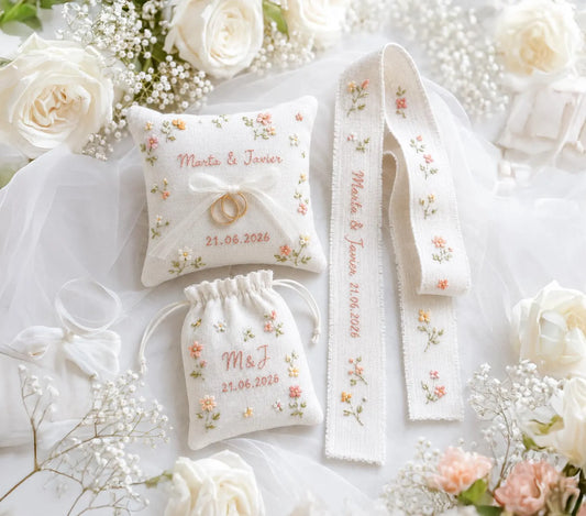 Personalized Wedding Embroidery Set of 3, Ring Bearer Pillow, Wedding Ribbon, Keepsake Pouch, Coral Floral Bridal Gift for Couples With Date