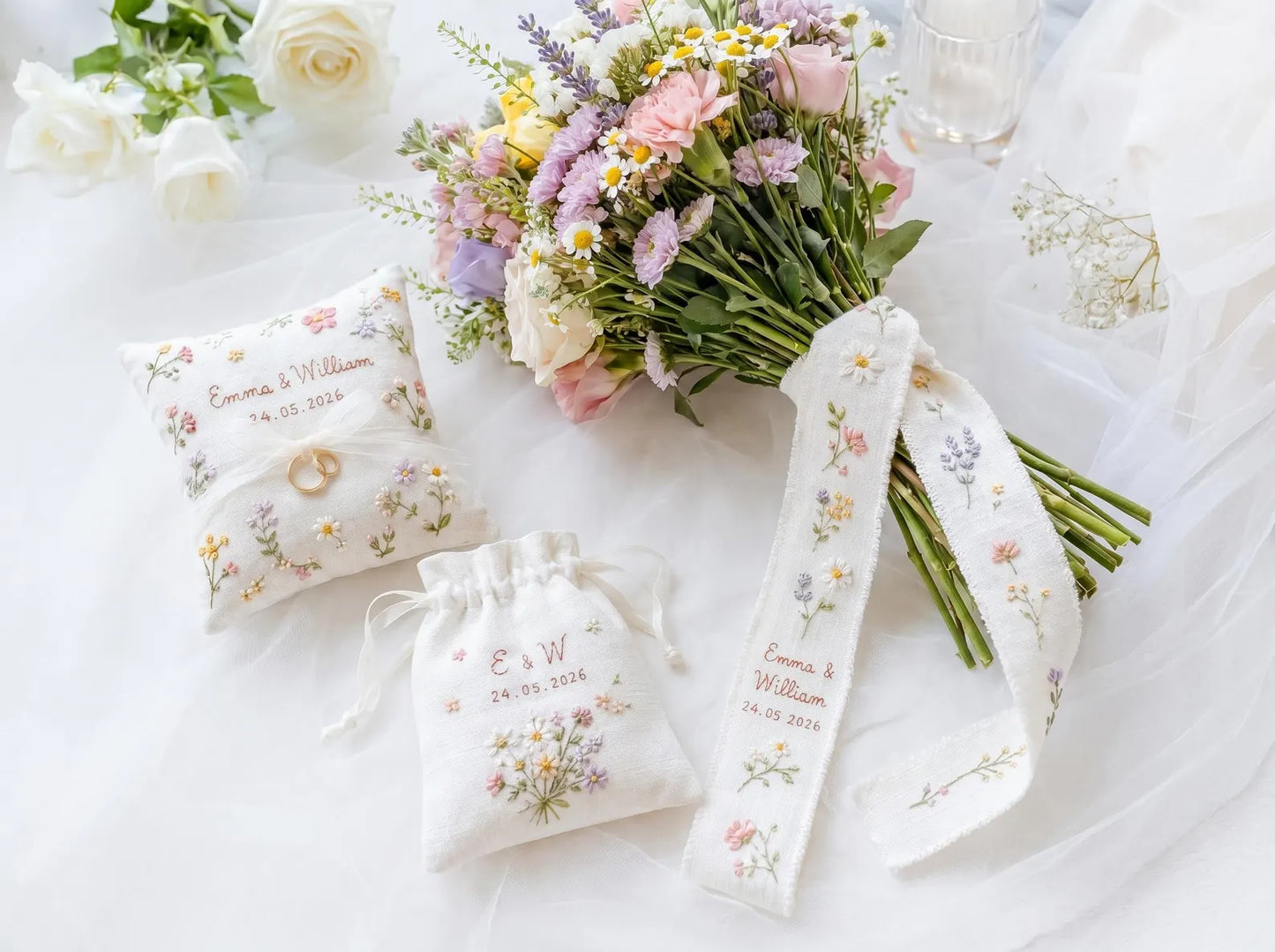 Personalized Wedding Embroidery Set of 3, Ring Bearer Pillow, Wedding Ribbon, Keepsake Pouch, Coral Floral Bridal Gift for Couples With Date