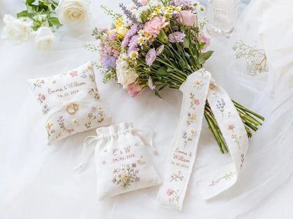 Personalized Wedding Embroidery Set of 3, Ring Bearer Pillow, Wedding Ribbon, Keepsake Pouch, Coral Floral Bridal Gift for Couples With Date