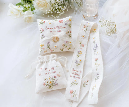 Personalized Wedding Embroidery Set of 3, Ring Bearer Pillow, Wedding Ribbon, Keepsake Pouch, Coral Floral Bridal Gift for Couples With Date